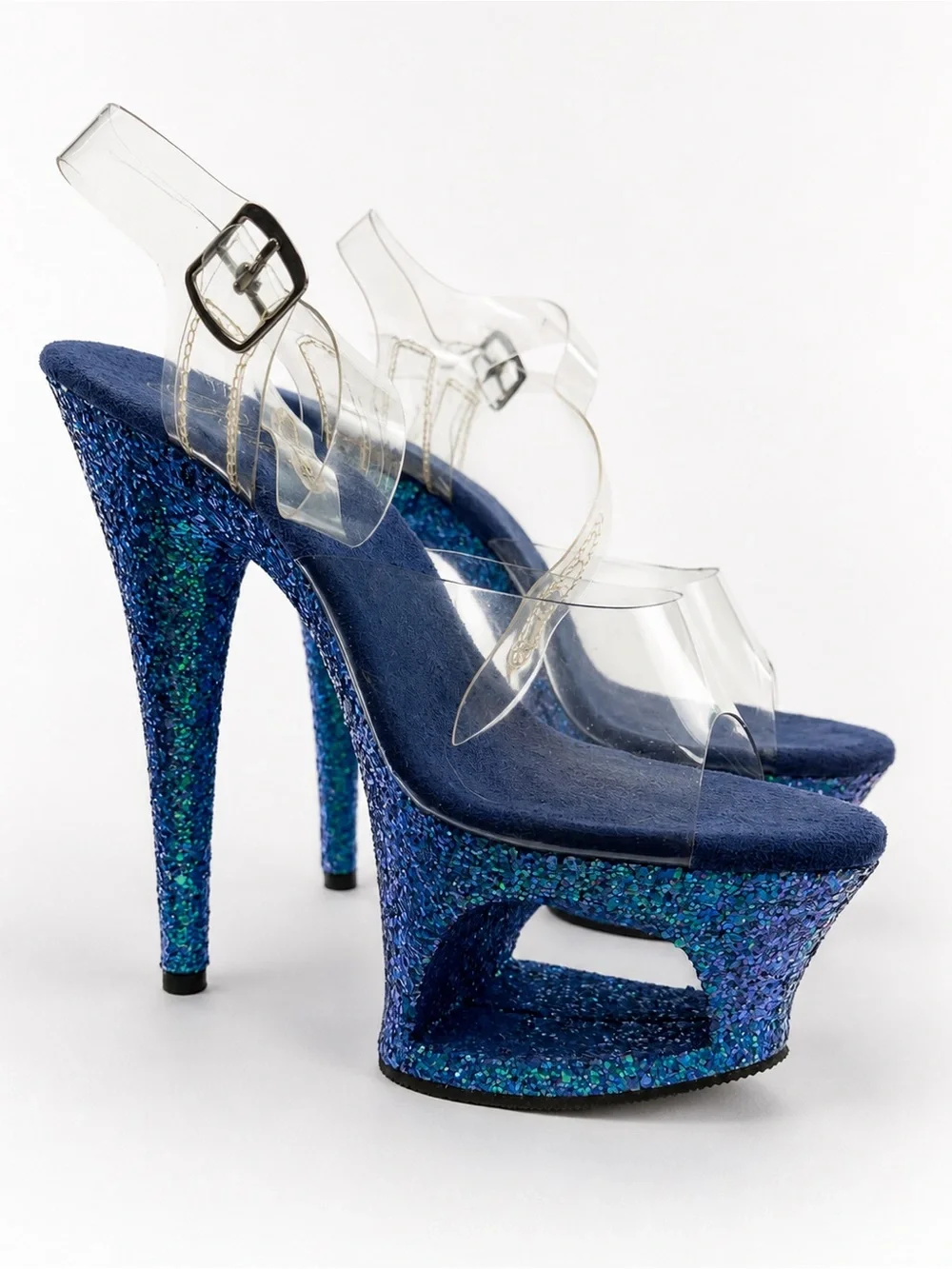 Pleaser Blue Glitter Platform Slingback Heels